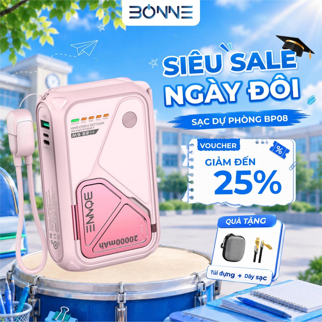 [TẶNG DÂY SẠC 4IN1+TÚI ĐỰNG ]Sạc Dự Phòng BP08, Củ Sạc Nhanh BONNE BP08 10.000 mAh 20.000 mAh Hỗ Trợ Sạc Không Dây