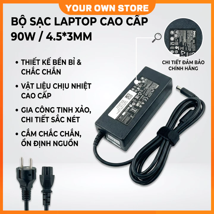 🔥FREESHIP🔥Sạc Laptop Dell 19.5V-3.34A 65W, Sạc Laptop Dell 4.62A/90W Sạc dell Zin - Sạc dell chân to