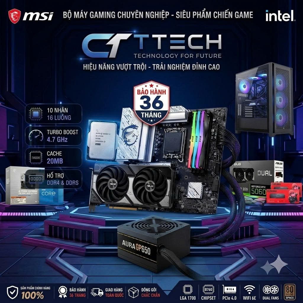 Bộ PC lắp ráp CTTECH 01 CPU i5 14400F B760 RAM 16G LED VGA  ASUS 5060 NEW | BigBuy360 - bigbuy360.vn
