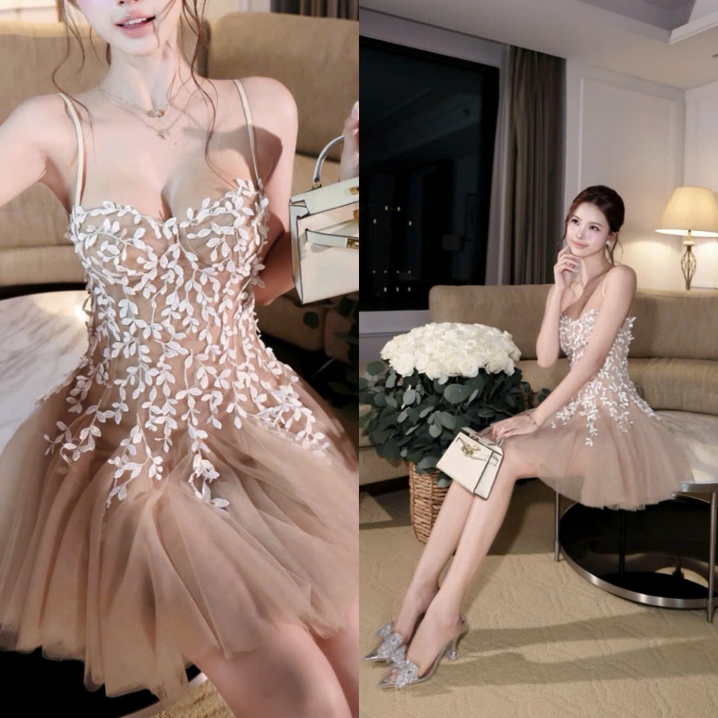 Đầm Ren Lá Xòe Ngắn Hai Dây Phối Lưới Sang Chảnh