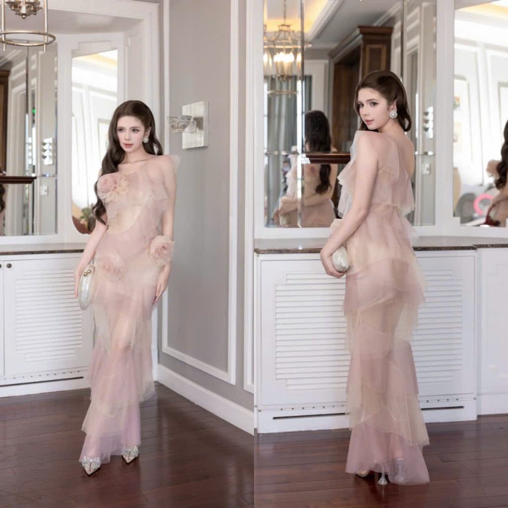 Đầm Voan Tầng Lệch Vai Hoa Nổi 3D Dáng Dài Sang Trọng
