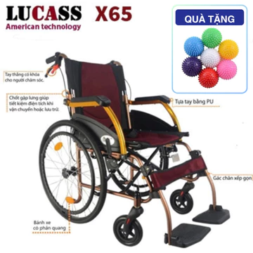 (TẶNG BÓNG GAI) Xe lăn siêu nhẹ Lucass X65, Xe lăn khung nhôm gấp gọn, Xe lăn du lịch