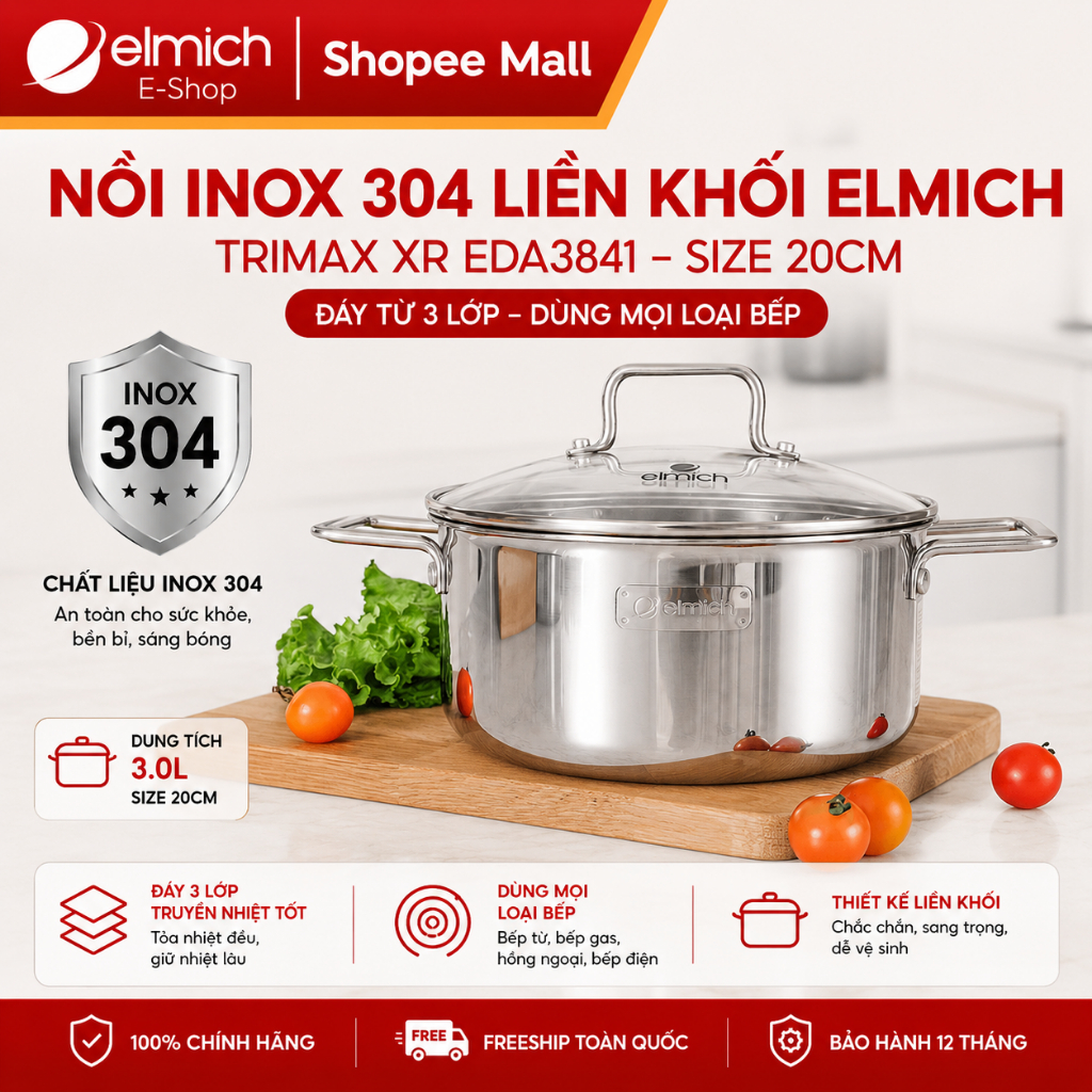 Nồi inox 304 liền khối Elmich Trimax XR EDA3841 size 20cm đáy từ 3 lớp dùng mọi loại bếp | BigBuy360 - bigbuy360.vn