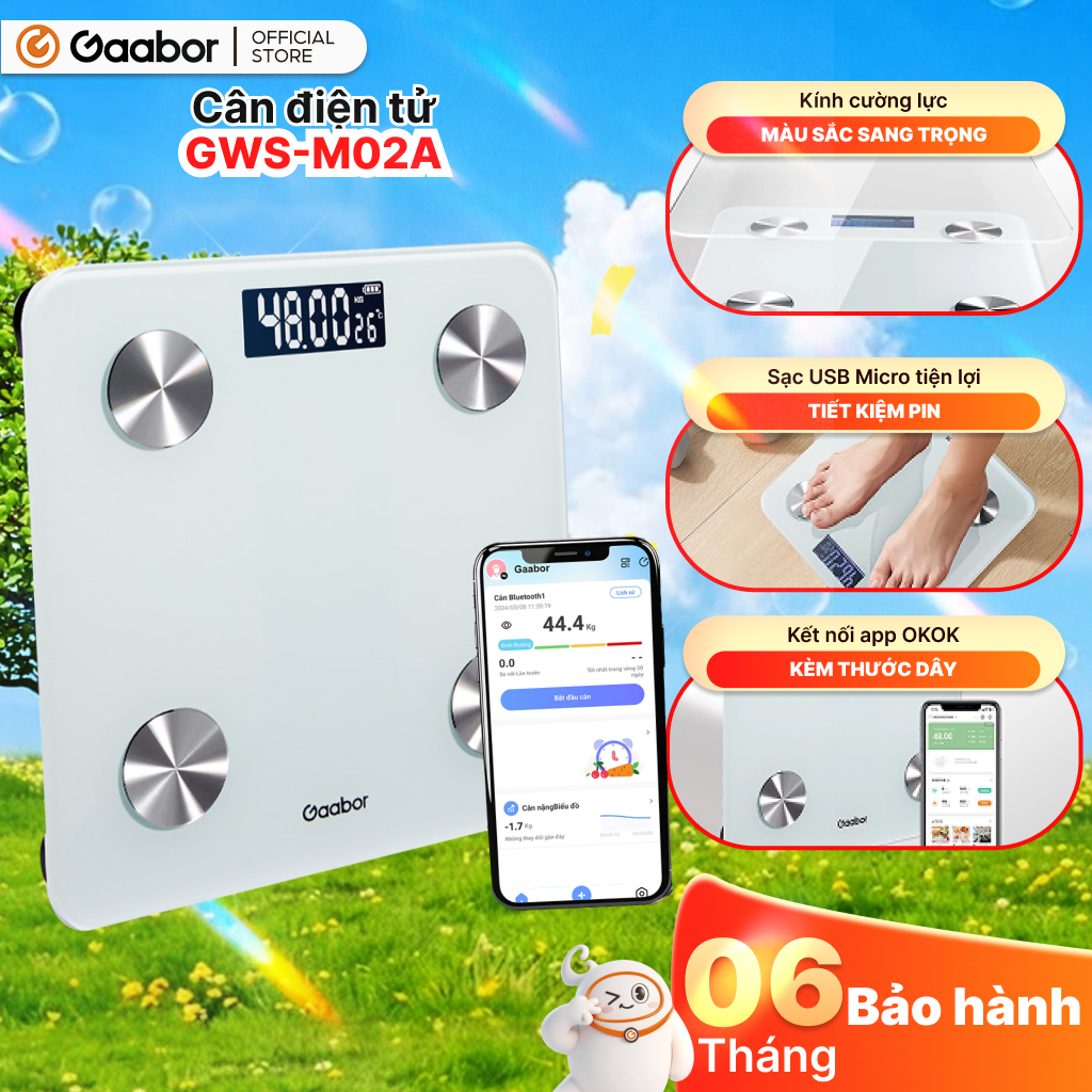 Cân sức khỏe điện tử thông minh Gaabor GWS-M02A phân tích chỉ số cơ thể có app đo cân nặng y tế