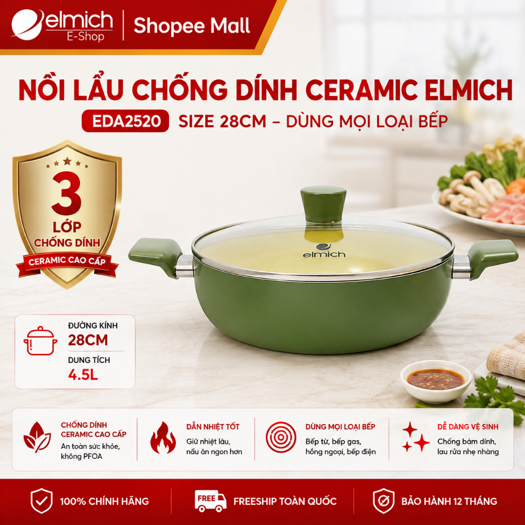 Nồi lẩu chống dính Ceramic Elmich EDA2520 size 28cm dùng mọi loại bếp | BigBuy360 - bigbuy360.vn