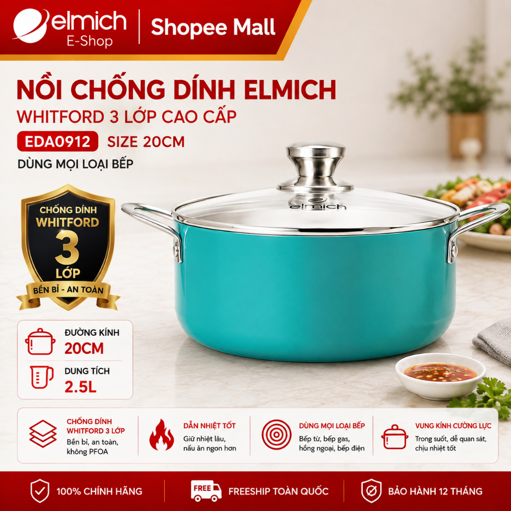 Nồi chống dính Elmich EDA0912 size 20cm chống dính Whitford 3 lớp đáy từ dùng mọi loại bếp vung kính | BigBuy360 - bigbuy360.vn