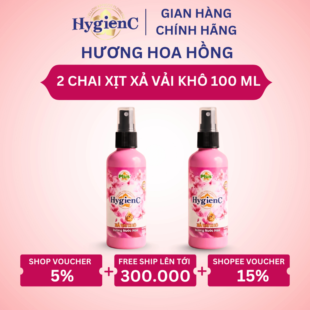 [MỚI RA MẮT] Combo 2 Chai Xịt Xả Vải Khô HygienC Plus 100ml/Chai - Hương Hoa Hồng (Dịu Dàng)