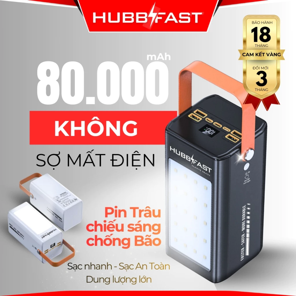 BOX dự phòng 80000mAh HUBBFAST PD100, sạc nhanh 22.5W, 24 đèn LED sáng, Bảo Hành 18 Tháng