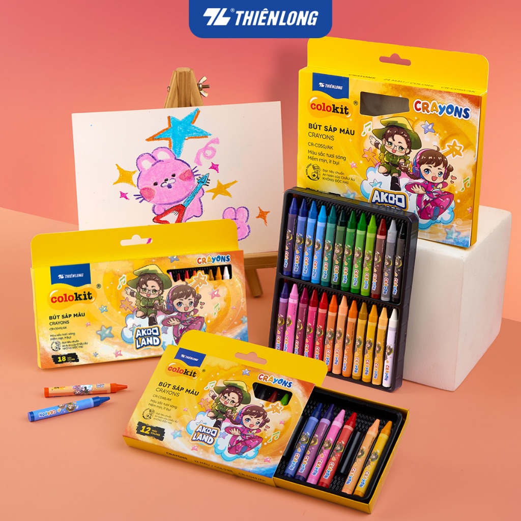 Bút sáp 12/18/24 màu Thiên Long Colokit - Màu sắc tươi sáng Phủ đều màu Bền màu - Phiên bản Akooland