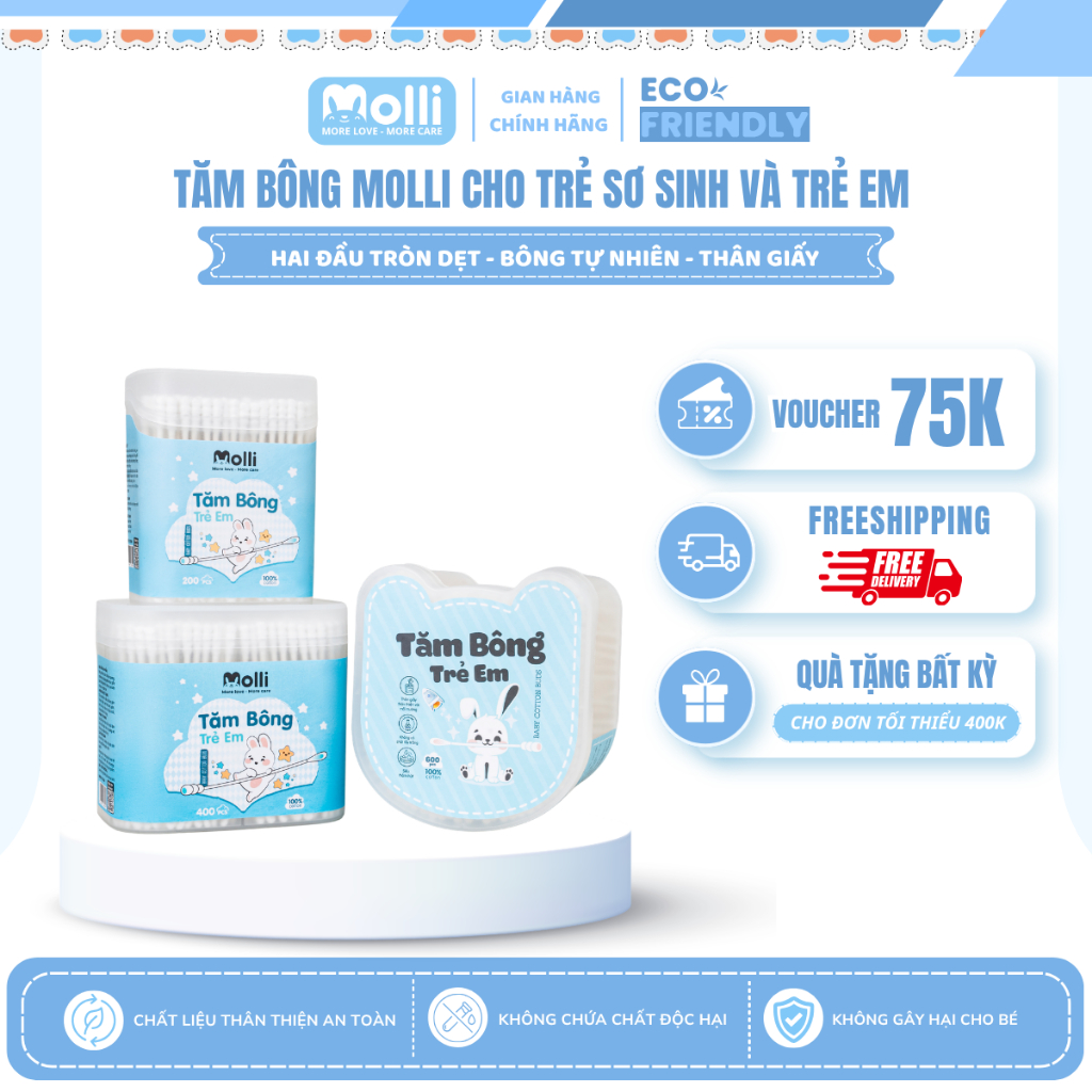 Tăm Bông Molli Cho Bé Sơ Sinh 200Pcs - 400Pcs - 600 Pcs / Hộp Mol3001