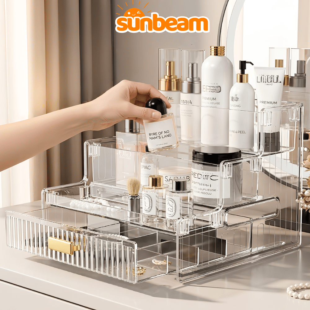 Kệ Đựng Mỹ Phẩm, Đồ Makeup Trong Suốt 4 Tầng Có Ngăn Kéo SUNBEAM, Khay Để Đồ Đa Năng Dung Tích Lớn