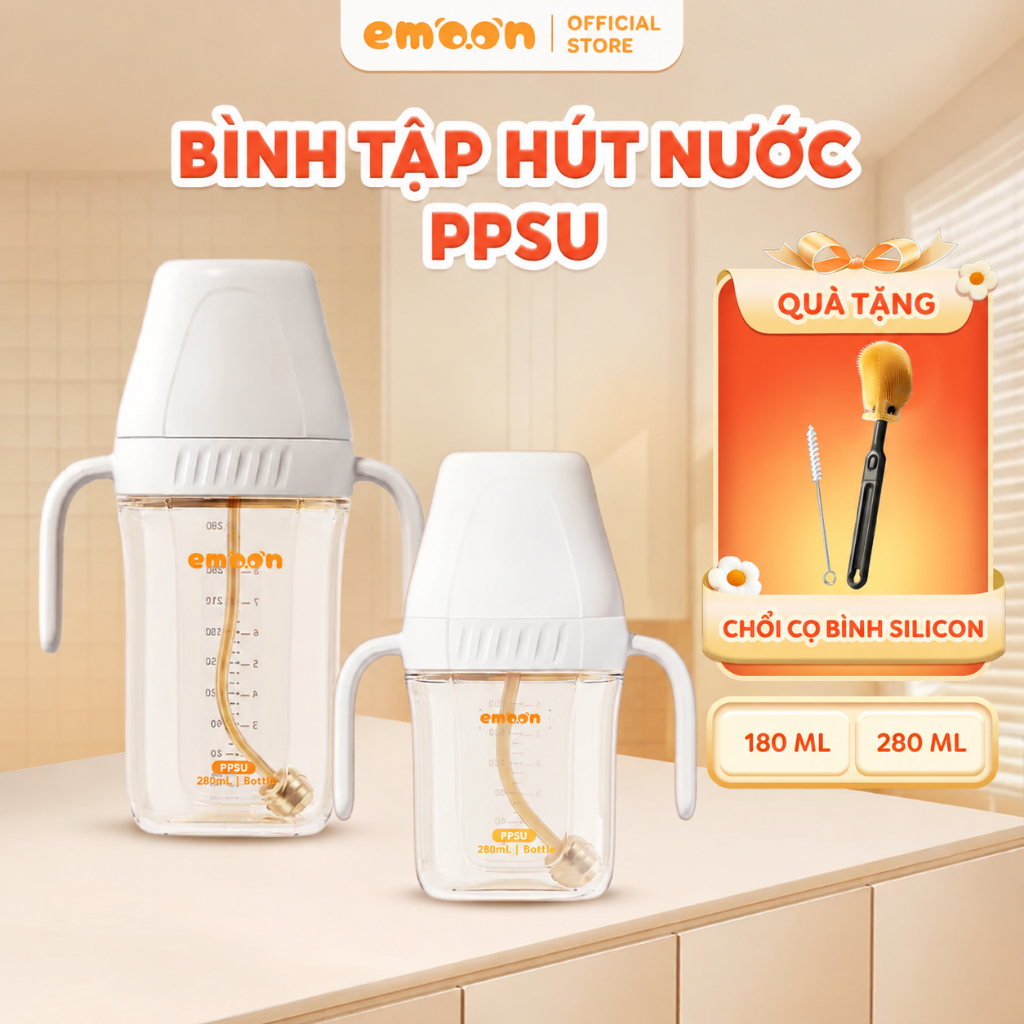 Bình tập uống nước cho bé Emoon chất liệu PPSU cao cấp, có van chống sặc cho bé theo từng giai đoạn