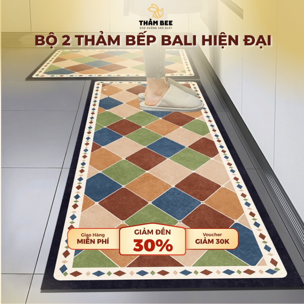 Bộ 2 Thảm Bếp Bali Họa Tiết Thổ Cẩm Bề Mặt Nỉ Thấm Hút Nước, Trang Trí Phòng Bếp, Nhà Cửa - Thảm Bee