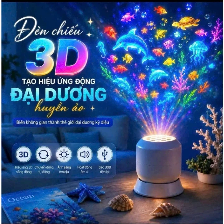 Đèn chiếu 3D tạo hiệu ứng động độ nét cao, Đèn Led xoay tự động 360 độ đầy màu sắc chiếu bông tuyết, đại dương huyền ảo
