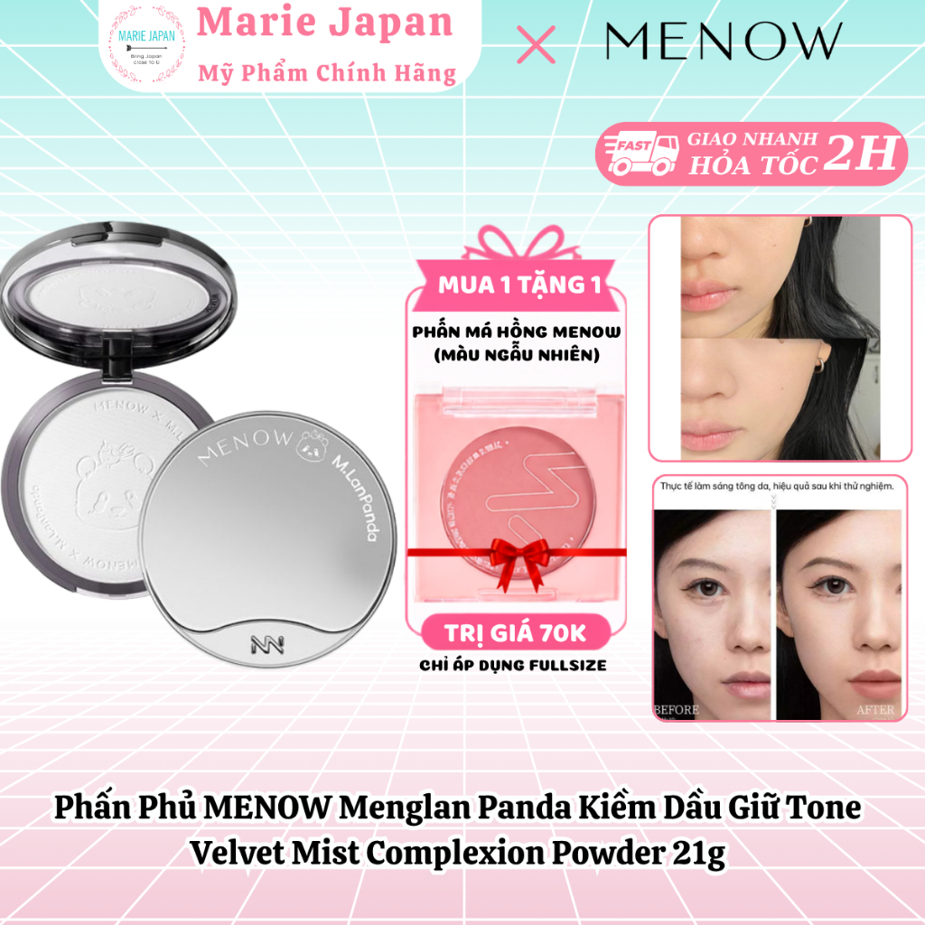 [MUA 1 TẶNG 1] Phấn Phủ MENOW Menglan Panda Kiềm Dầu Giữ Tone Velvet Mist Complexion Powder 21g TẶNG MÁ HỒNG MENOW