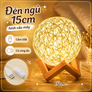 Đèn ngủ 3D 15cm hình cầu mây trang trí phòng ngủ, đồ decor phòng ngủ, đèn led trang trí phòng ngủ Cắm USB