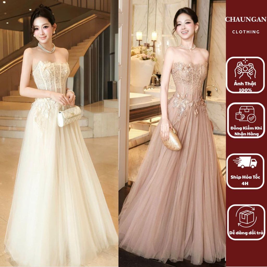 Đầm Cúp Ngực Thắt Eo Corset Dáng Xòe Maxi - Váy Dạ Hội Ren Hoa Nổi