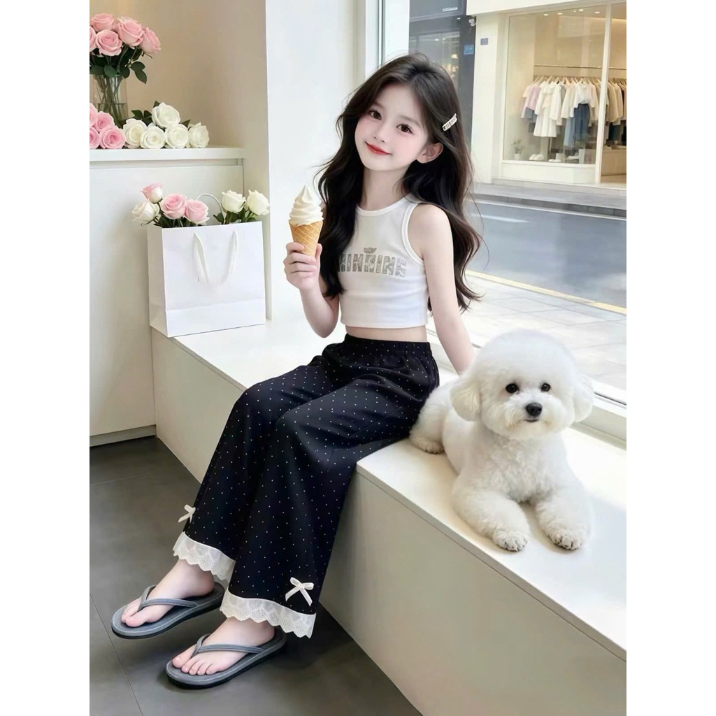 Quần dài ống rộng chấm bi chất cotton su có nơ lai phối ren cho bé gái cực xinh cute đáng yêu sz(14-44kg)(V4