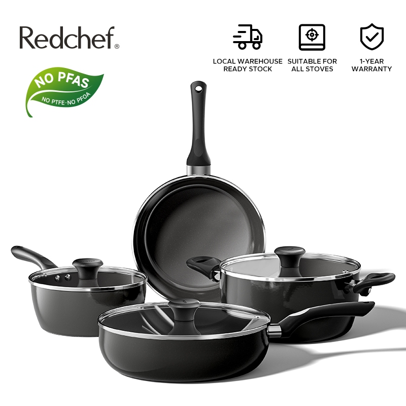 Redchef Bộ Nồi Chảo Chống Dính Gốm Đá Biển Không PFAS, PTFE & PFOA Phù Hợp Với Mọi Loại Bếp - Chảo Kho 20cm, 24cm, 28cm