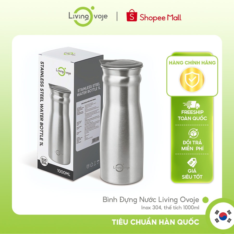 Bình Nước Inox Living Ovoje 1000ml, Chất Liệu Inox 304 An Toàn, Giữ Nước Mát Lạnh