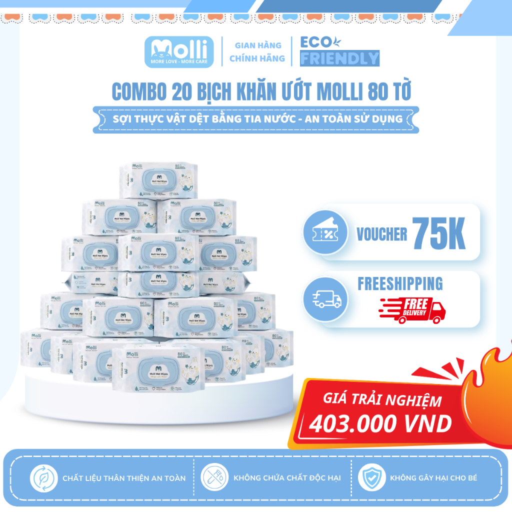 COMBO 20 BỊCH Khăn ướt Molli vải không dệt mềm mại -  An toàn sử dụng cho mẹ và bé MOL3042