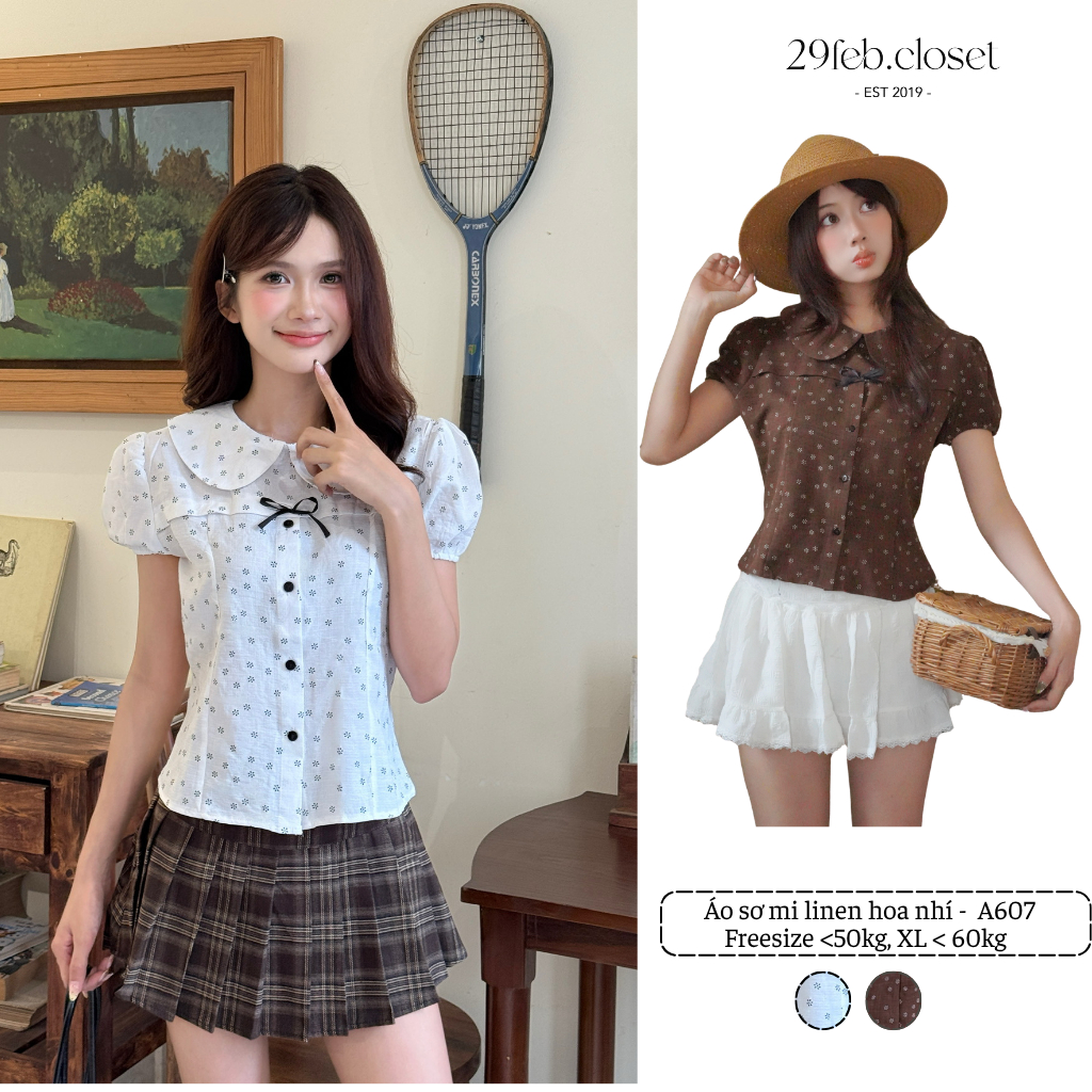 Áo sơ mi Linen hoa nhí cổ sen chiết eo, Áo sơ mi hoa nhí dành cho mùa hè - 29feb.closet - A607