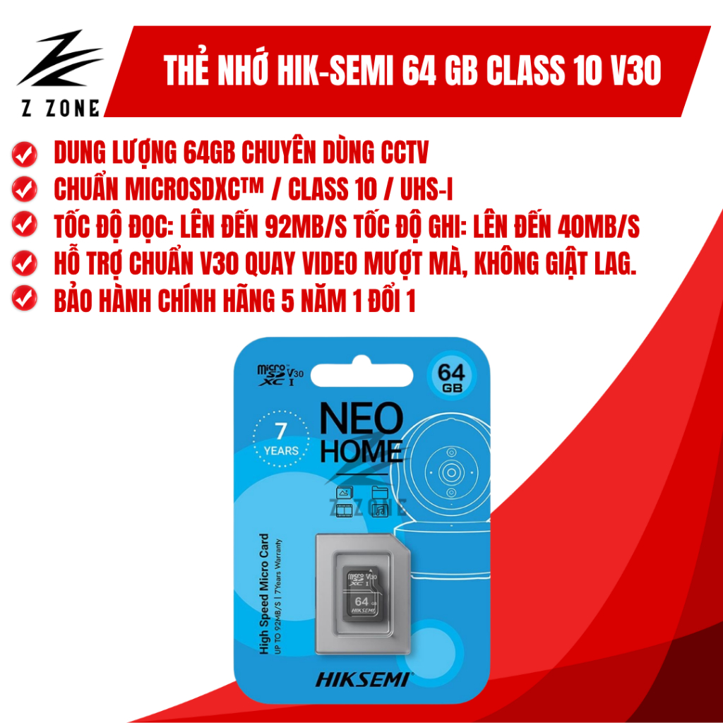 Thẻ Nhớ Hik Semi microSD v30 32gb 64 GB 128 GB chuyên Camera bảo hành 5 năm đọc 92MB/s, ghi 30MB/s