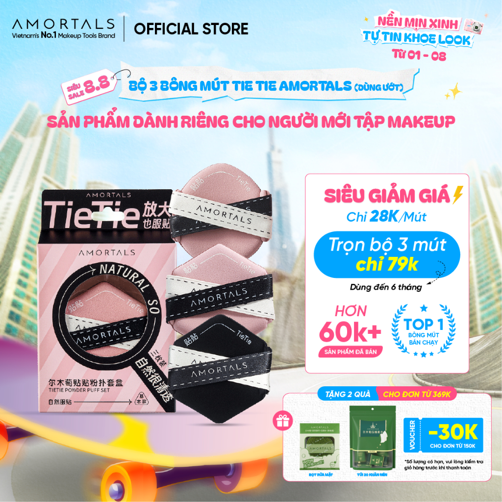 Bông Mút Trang Điểm 2 Mặt Tie Tie Amortals, Tán Nền Nhanh, Tăng Khả Năng Che Phủ, Nền Mịn Mướt Lâu Trôi