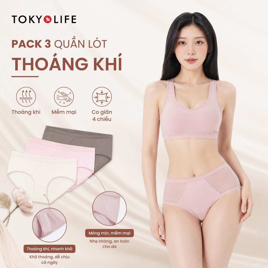 COMBO 3 quần lót cạp cao Nữ TOKYOLIFE ôm gọn định hình phối lưới co giãn đa chiều không lộ viền 40006054