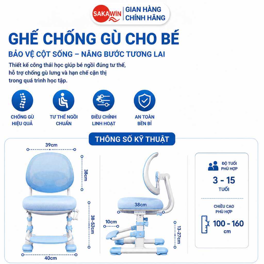 Ghế ngồi học cho bé Sakawin G81 Ghế học sinh thông minh Thiết kế tựa lưng lưới Nâng hạ hỗ trợ con ngồi đúng tư thế | BigBuy360 - bigbuy360.vn