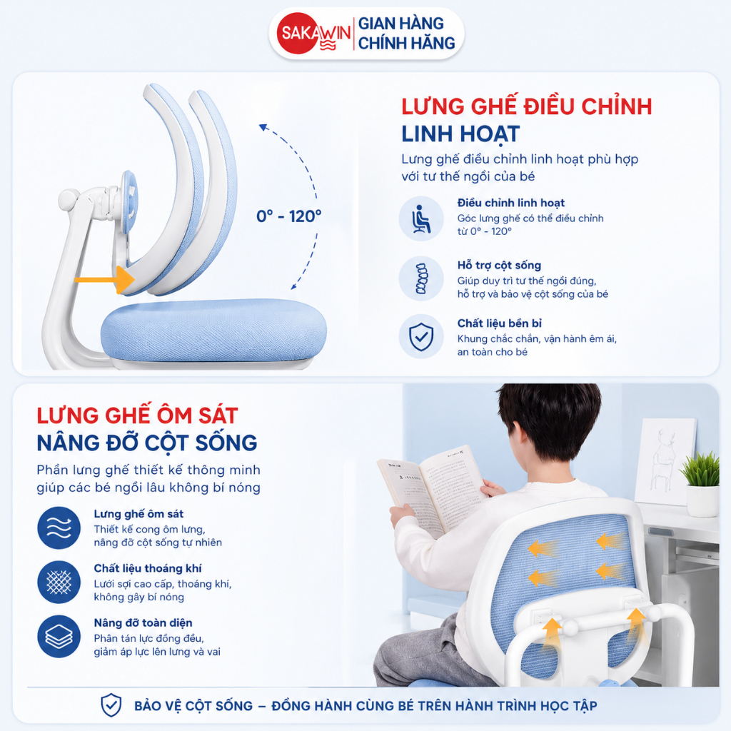 Ghế ngồi học cho bé Sakawin G81 Ghế học sinh thông minh Thiết kế tựa lưng lưới Nâng hạ hỗ trợ con ngồi đúng tư thế | BigBuy360 - bigbuy360.vn