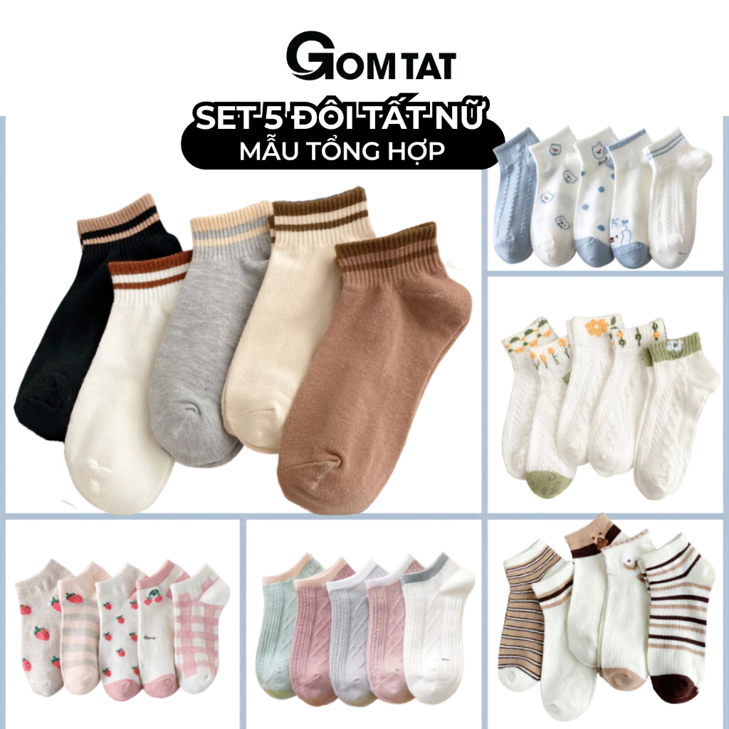 [FLASHSALE] Set 5 đôi tất vớ nữ cổ ngắn GOMTAT mẫu tổng hợp, chất liệu mềm mại, mềm mỏng thoáng mát