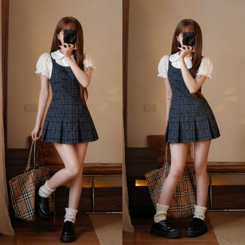Set Váy Yếm Kẻ Caro Xếp Ly Mix Áo Thun Cổ Sen Nữ Dáng Ngắn Tiểu Thư Dễ Thương Style Hàn Quốc Đi Chơi Xinh Xắn