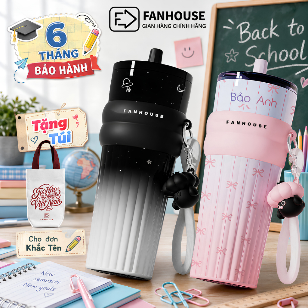 Ly giữ nhiệt 710ml Fan House Côc Candy Ceramic 316L phủ sứ, bình giữ nhiệt 12h khắc tên, in hình