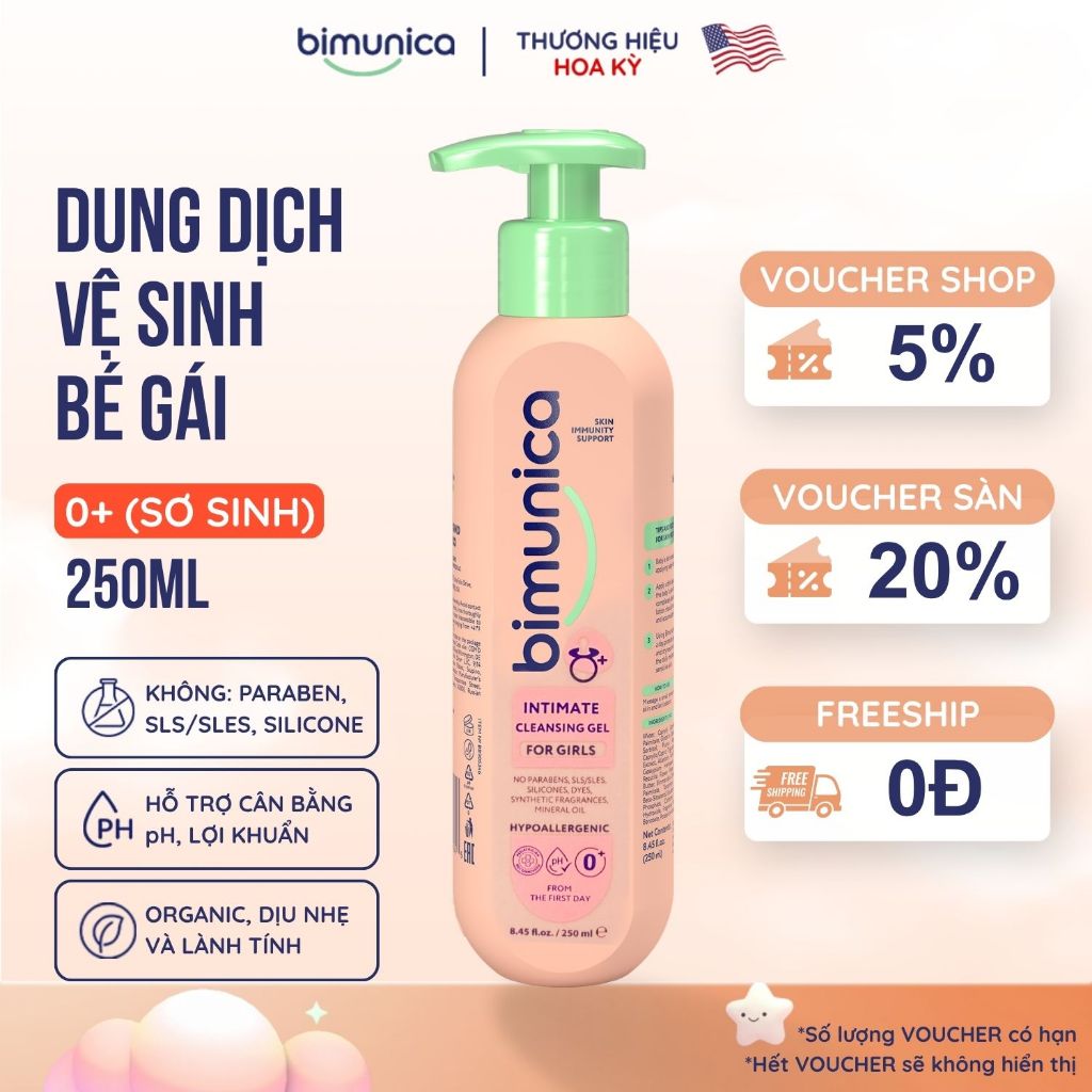 Gel Dung Dịch Vệ Sinh Vùng Kín Bimunica Cao Cấp - Cho Bé Gái/Sơ Sinh, Dịu Nhẹ, Khử Mùi, Bảo Vệ Da