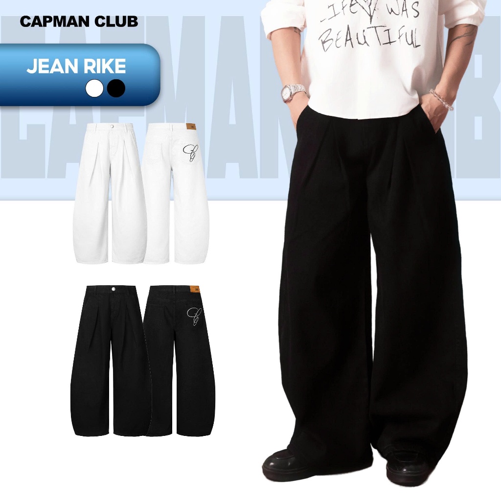 [BEST SELLER] Quần dài nam denim RIKE ống rộng CAPMAN CLUB, quần jean tôn dáng thêu chữ phong cách trẻ trung
