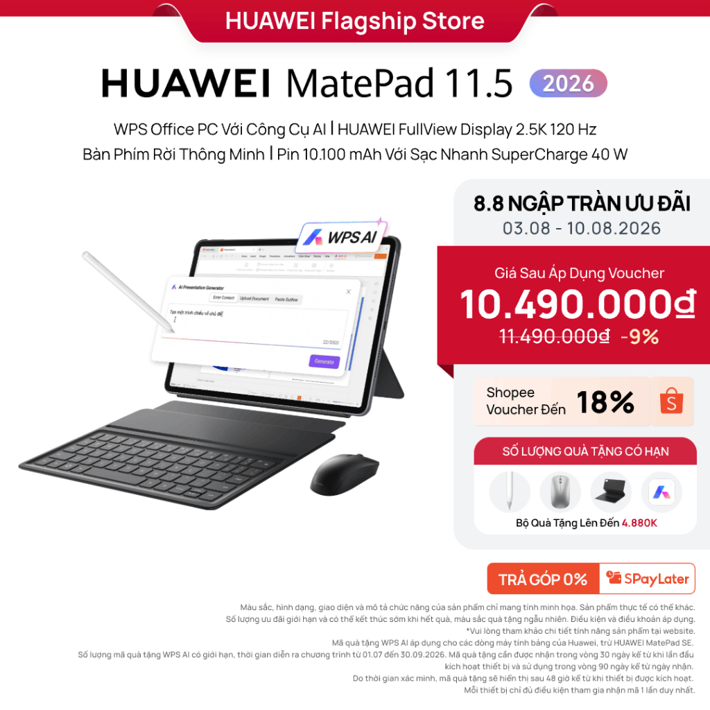 HUAWEI MatePad 11.5 2026 | WPS Office PC Với Công Cụ AI | HUAWEI FullView Display 2.5K 120Hz| Bàn Phím Rời| Pin 10100mAh