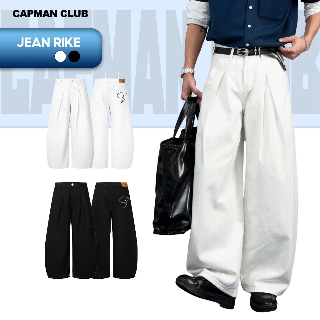 Quần dài nam denim RIKE ống rộng CAPMAN CLUB, quần jean nam tôn dáng thêu chữ phong cách trẻ trung
