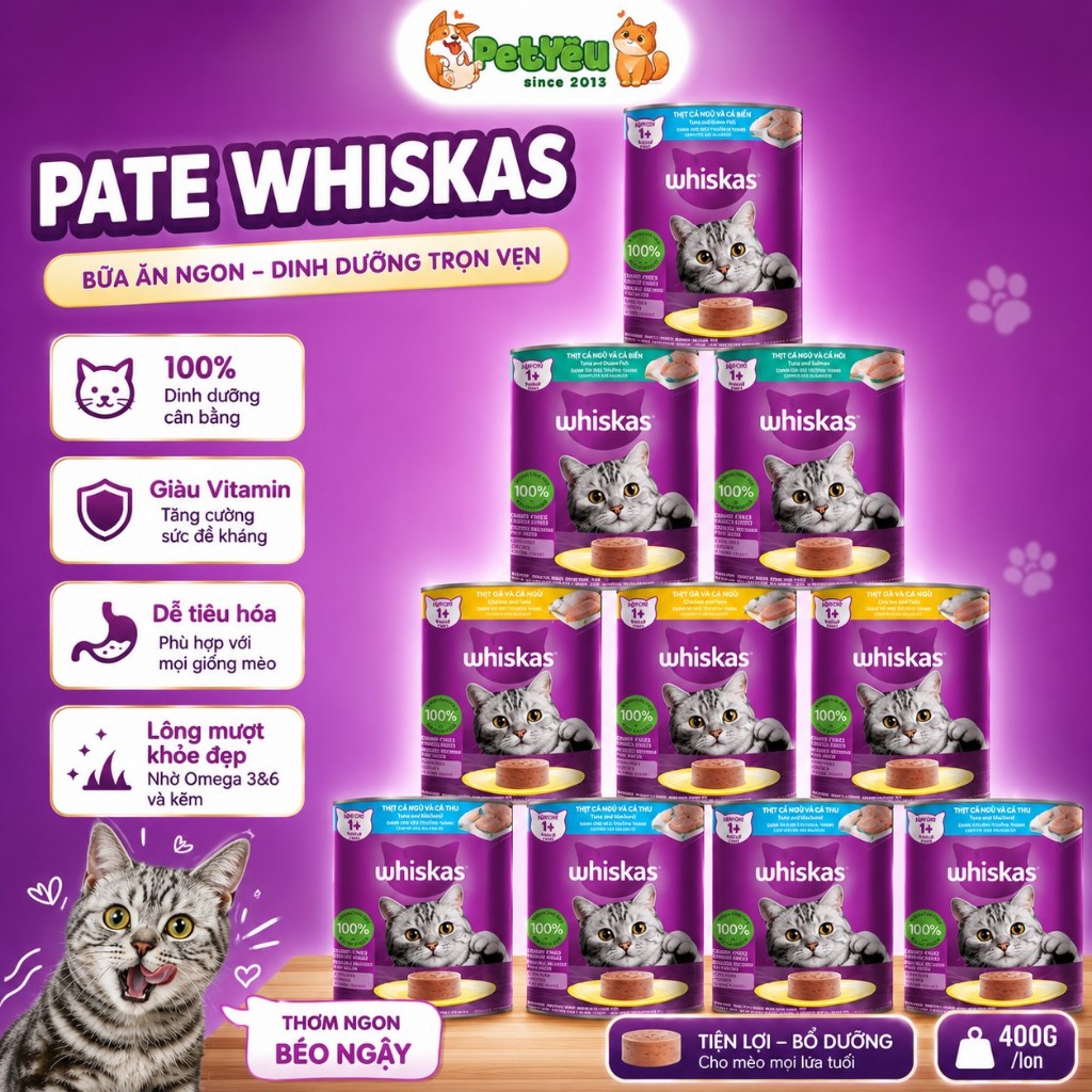 ( combo 6 - 12 - 24 LON) PATE MÈO WHISKAS LON 400G – THƠM NGON, DINH DƯỠNG CHO BOSS