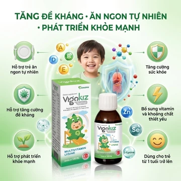 Siro ăn ngon, tăng đề kháng, cho bé Vigokiz Syrup Nhập Khẩu Châu Âu: Lysine + 16 vitamin khoáng chất