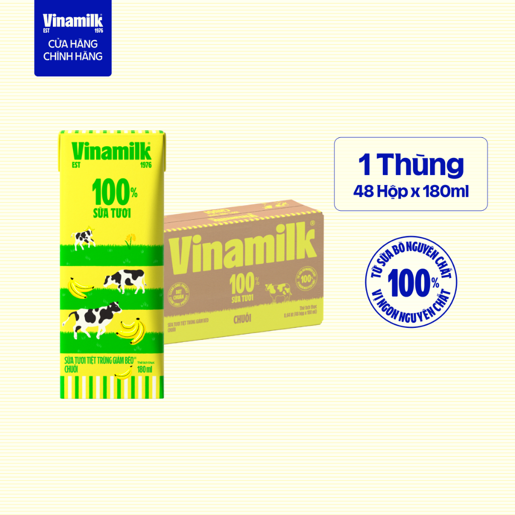 Thùng 48 Hộp Sữa tươi tiệt trùng Vinamilk 100% Chuối 180ml