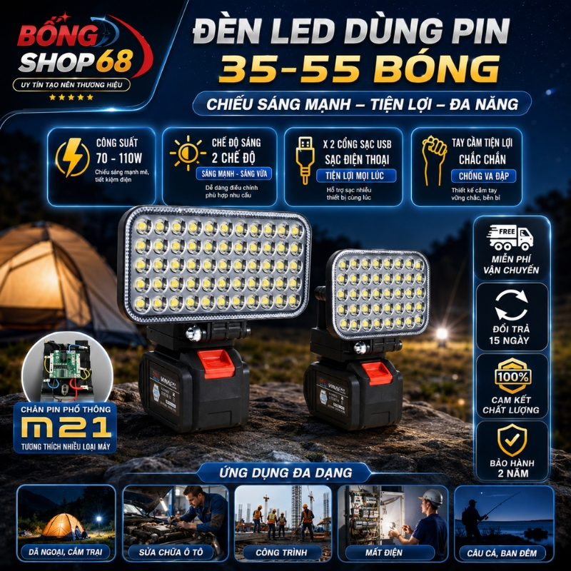 Đèn LED Siêu Sáng Sử Dụng Pin Makita, Đèn Pin 35-55 Bóng Chân Pin Phổ Thông 2 Chế Độ Sử Dụng Làm Việc Ban Đêm, Cắm Trại