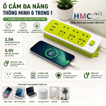Ổ ĐIỆN XANH CHỐNG GIẬT - 6 ổ cắm thông thường và 3 ổ cắm USB New