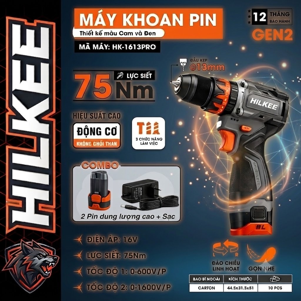 Máy Khoan Pin Hilkee HK-1613PRO 3 Chức Năng - Động Cơ Không Chổi Than - Đầu Kẹp 13mm