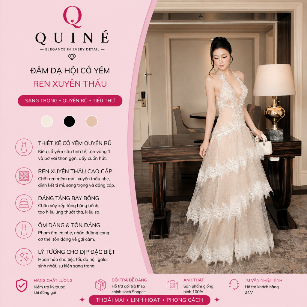 Đầm Dạ Hội Cổ Yếm Ren Xuyên Thấu Dáng Dài – Váy Maxi Cao Cấp Quyến Rũ Sang Trọng Tôn Dáng Dự Tiệc