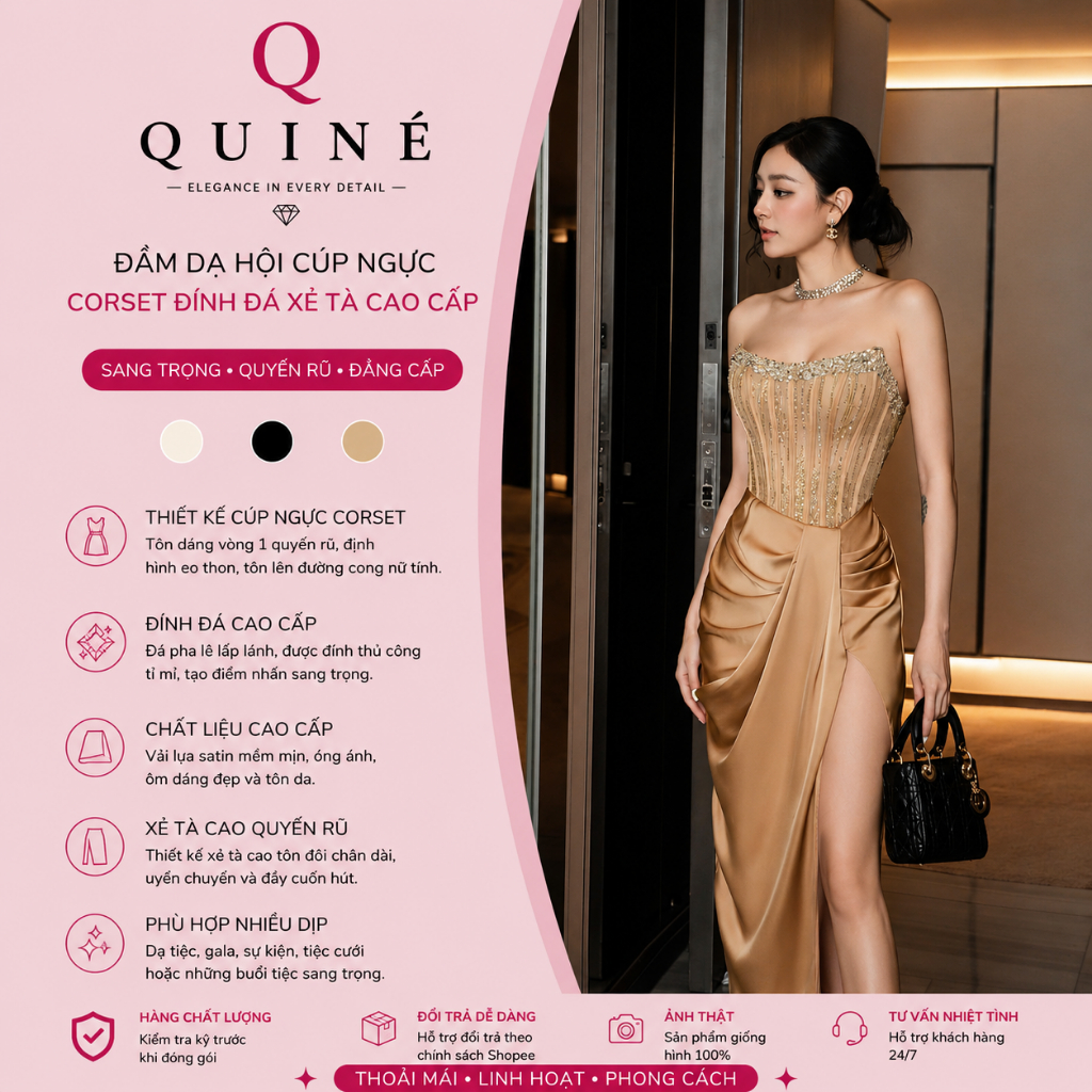 Đầm Dạ Hội Cúp Ngực Corset Đính Đá Xẻ Tà Cao Cấp Sang Trọng– Váy Maxi Dự Tiệc Sang Trọng Quyến Rũ Tôn Dáng