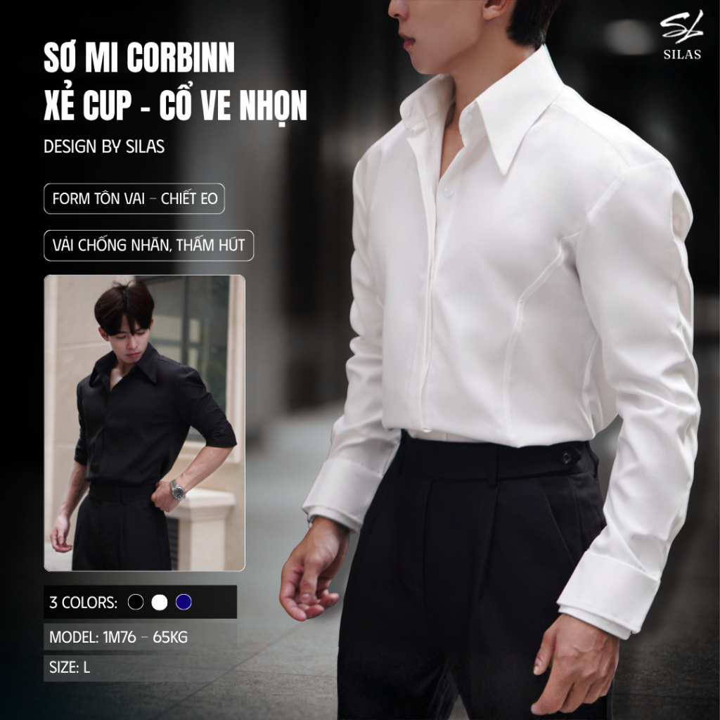 (Form Tôn Vai) Áo Sơ Mi SILAS Corbinn Xẻ Cup Cổ Ve Nhọn Cotton Chéo Giấu Cúc, Cổ Tay Đôi - ASLH05