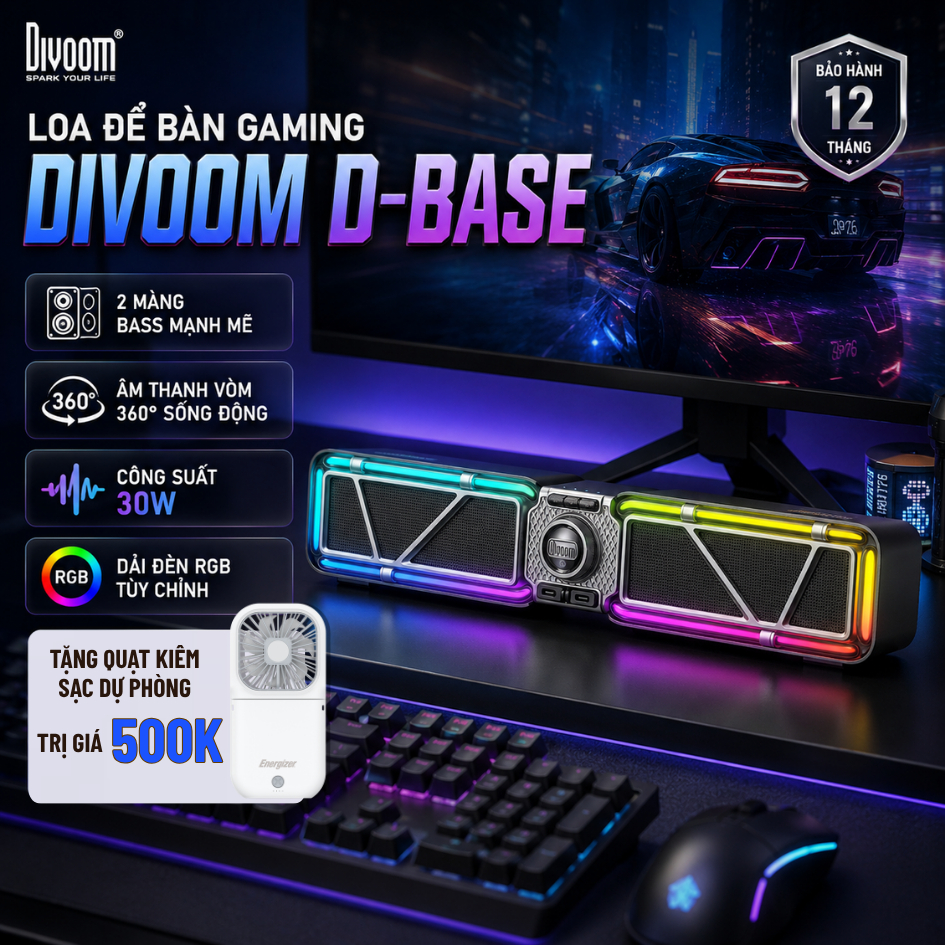 Loa Để Bàn Gaming Divoom D-Base 30W RGB, 2 Màng Bass, Âm Thanh 360°, Kết Nối Bluetooth v6.0 - Hàng Chính Hãng