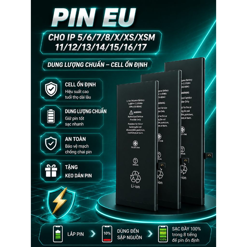 Pin EU Cho IP 5/6/7/8/X/XR/XS/XSM/11/12/13/14/15/16/17 Pin Thay Thế Dung Lượng Chuẩn Cell Ổn Định | BigBuy360 - bigbuy360.vn