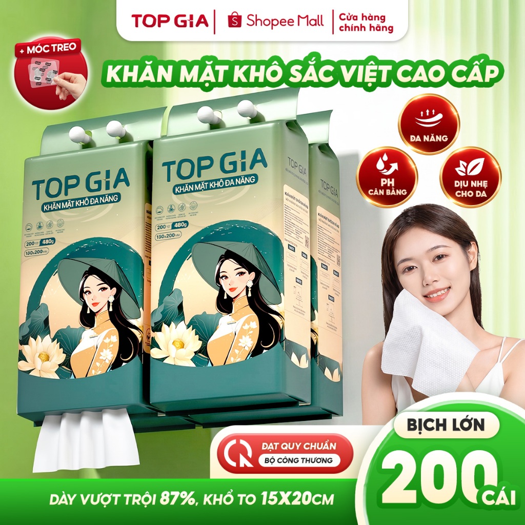 Khăn vải khô đa năng Top Gia, bịch 200 tờ Sắc Việt rút treo tường an toàn cho da tặng móc treo